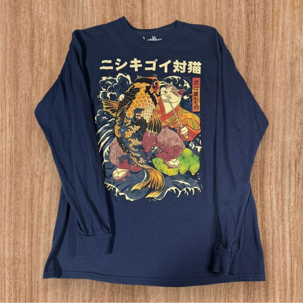 Threadless Navy Long Sleeve Koi Cat Graphic Tee
